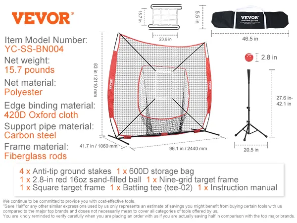 VEVOR honkbal oefennet met 420d oxford doek, koolstofstalen ondersteuning en glasvezel frame.
