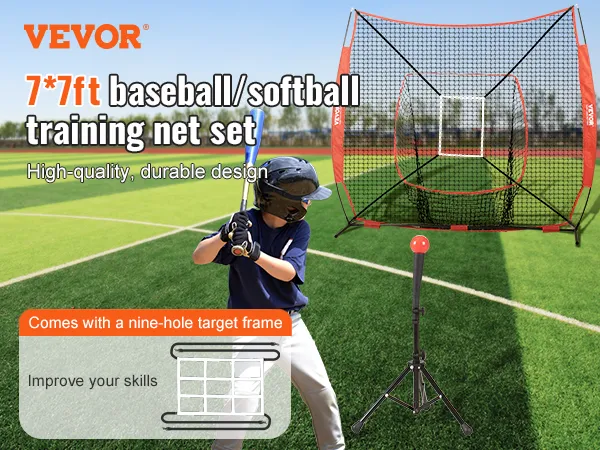 VEVOR honkbaltrainingsnet met negen gaten, duurzaam 7x7ft voor honkbal- en softbaltraining.
