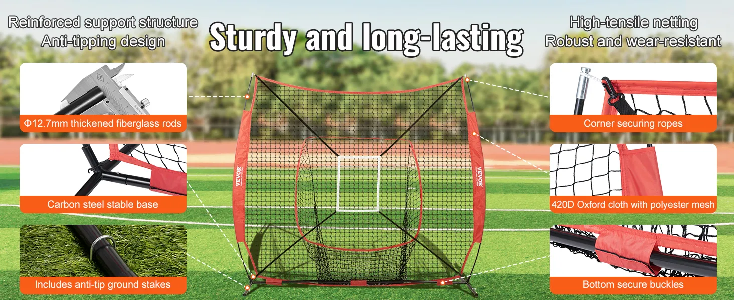 VEVOR baseball practice net with fiberglass rods, steel base, corner ropes, and durable polyester mesh.