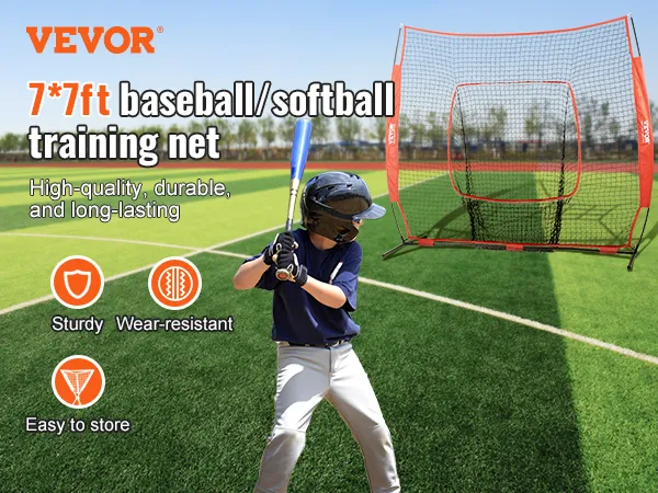 Red de práctica de béisbol VEVOR con bateador en el campo, que promueve durabilidad, robustez y fácil almacenamiento.