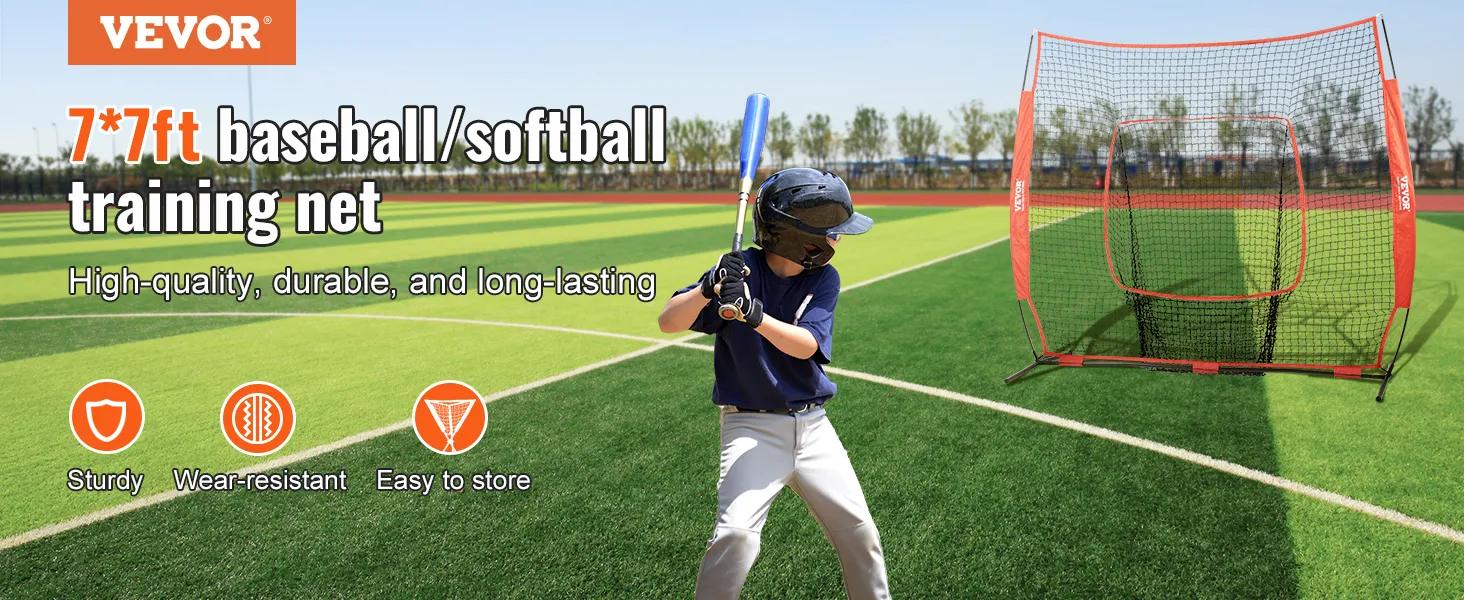 Red de práctica de béisbol VEVOR con bateador en el campo, que promueve durabilidad, robustez y fácil almacenamiento.