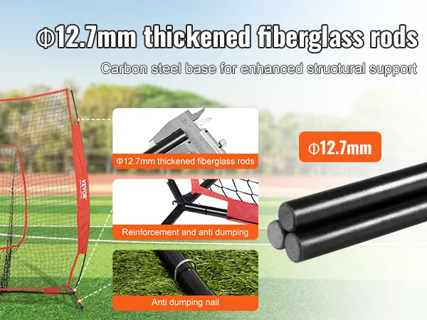 Red de práctica de béisbol VEVOR con varillas de fibra de vidrio engrosadas para un mejor soporte estructural en el campo.
