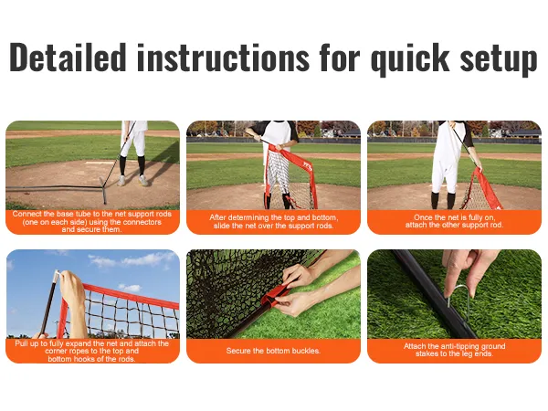 Instrucciones de instalación detalladas para la red de práctica de béisbol VEVOR que muestran los pasos de montaje y anclaje.