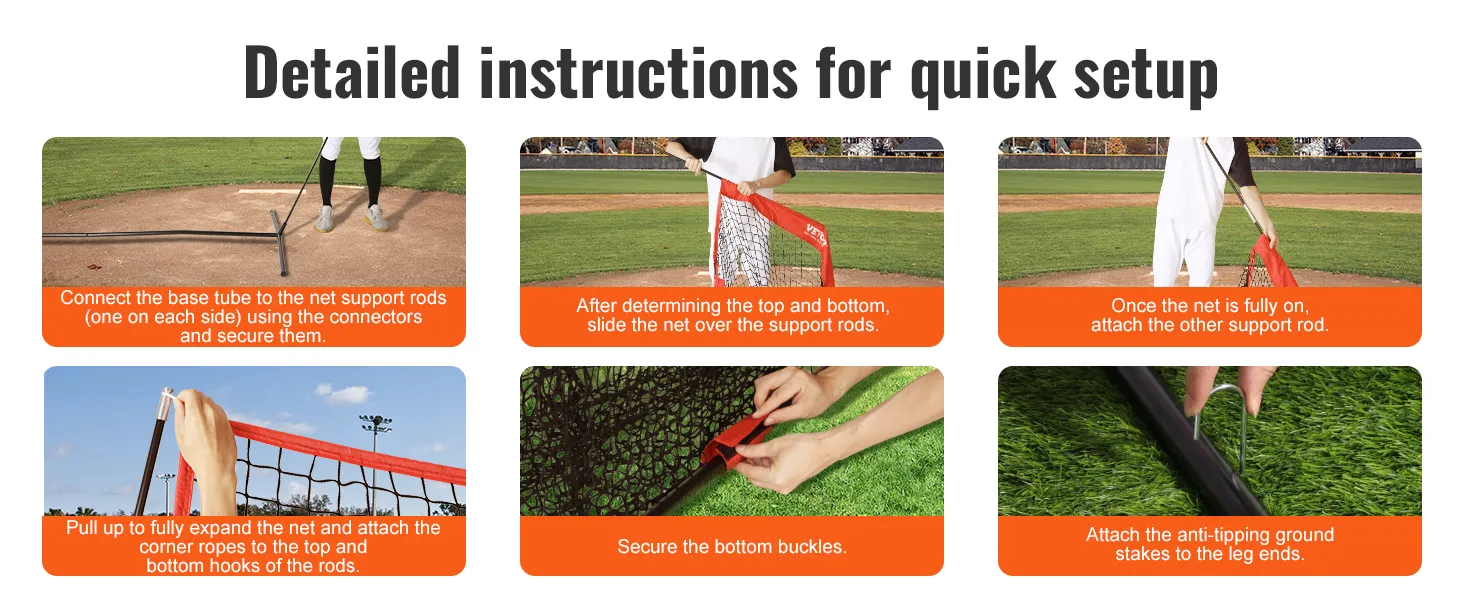 Instrucciones de instalación detalladas para la red de práctica de béisbol VEVOR que muestran los pasos de montaje y anclaje.