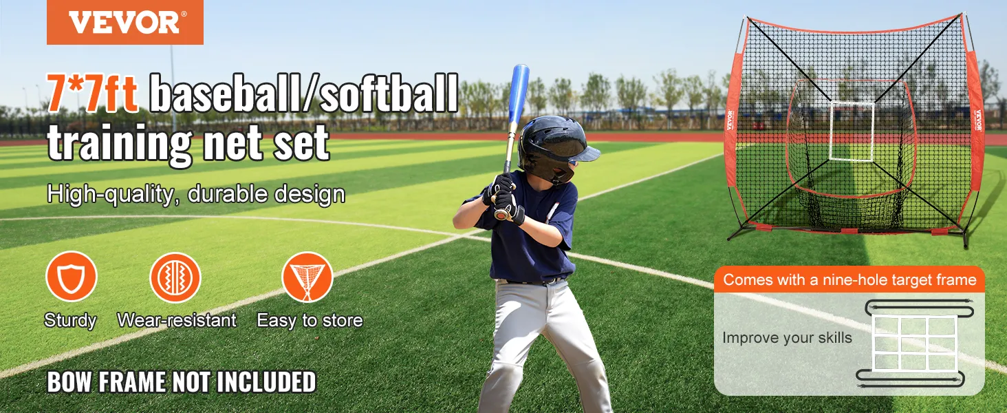 VEVOR baseball training net: 7x7ft, sturdy, wear-resistant, easy to store, with nine-hole target frame.