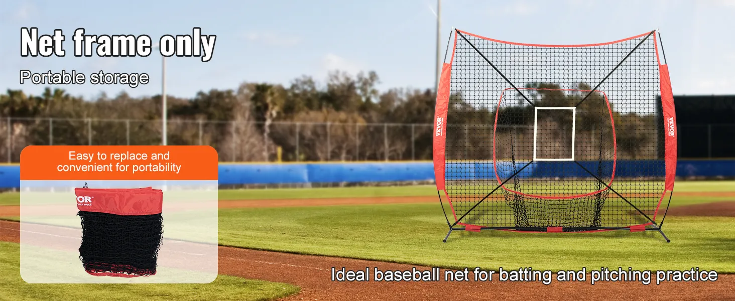 VEVOR baseball training net on a field with portable storage bag and easy replacement feature.