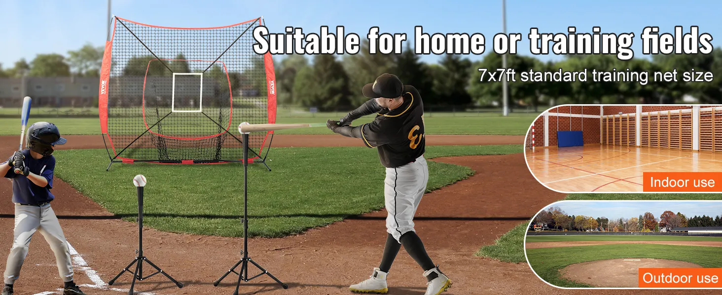 VEVOR baseball training net in use on a field, suitable for home or training fields, 7x7ft size.