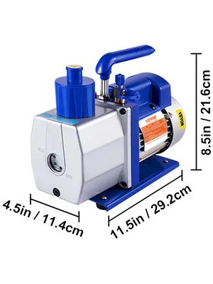 VEVOR vacuum pump with dimensions: 11.5in x 4.5in x 8.5in, blue and silver.