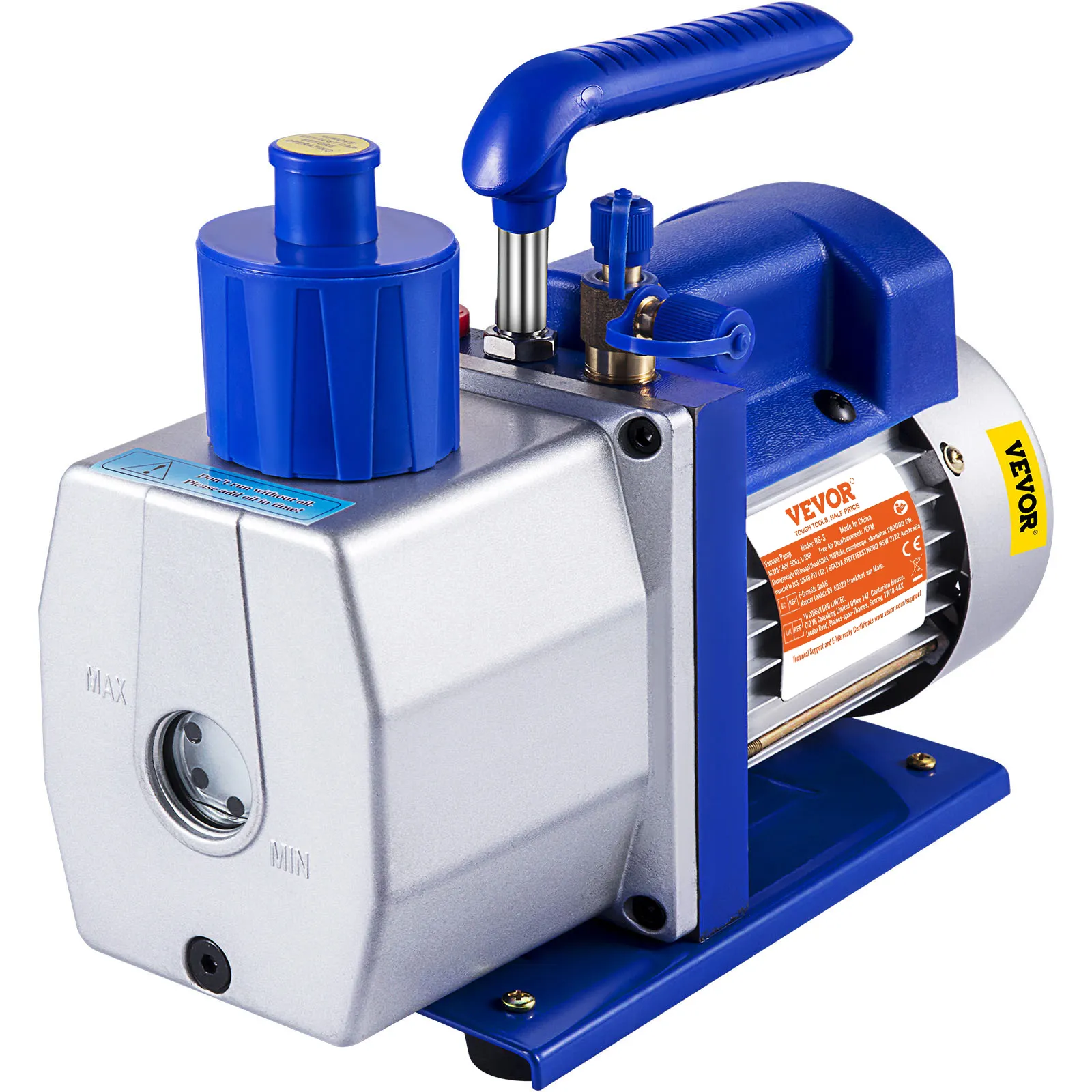 VEVOR vacuum pump with blue handle and silver body featuring a visible oil window.