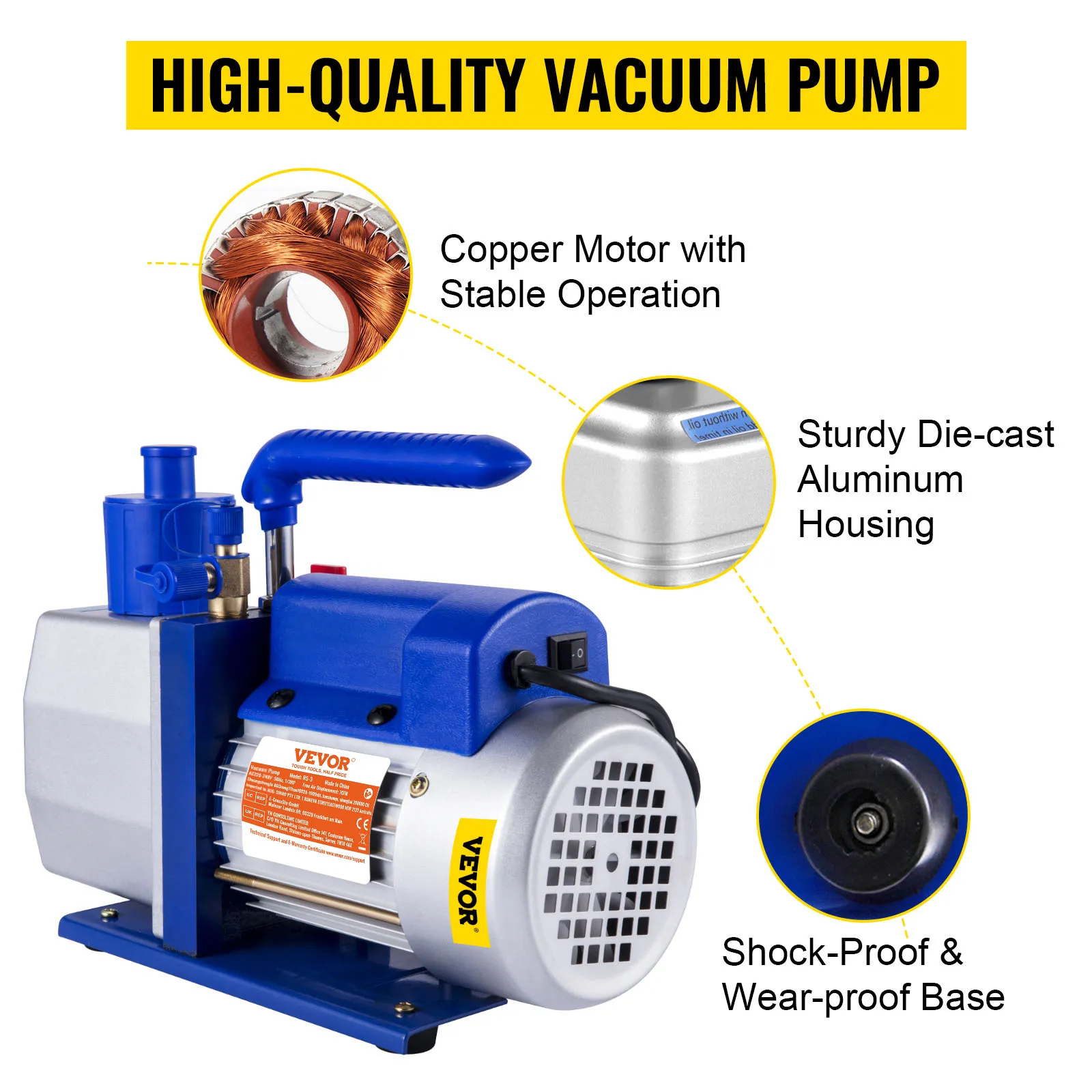 VEVOR vacuum pump with copper motor, die-cast aluminum housing, and shock-proof base.