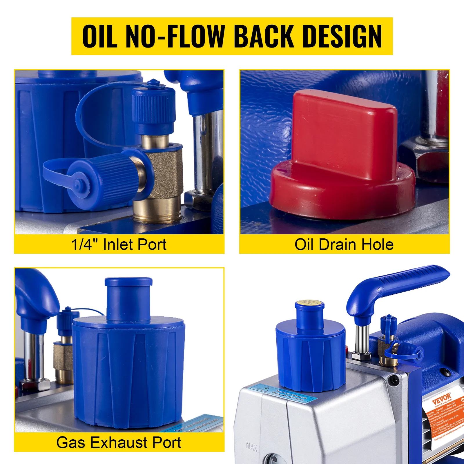 VEVOR vacuum pump features oil no-flow back design with inlet port and exhaust port.