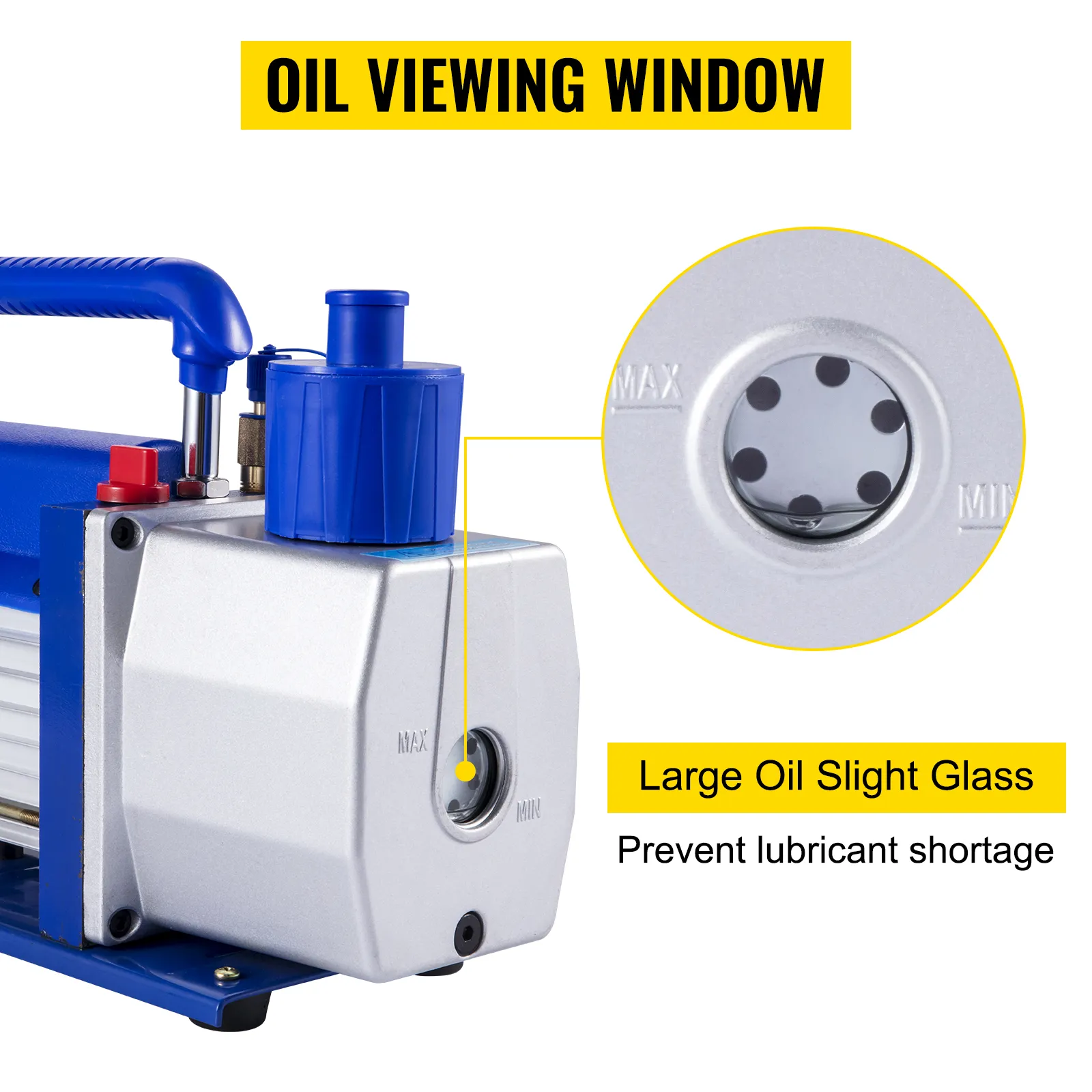 VEVOR vacuum pump with oil viewing window to prevent lubricant shortage.