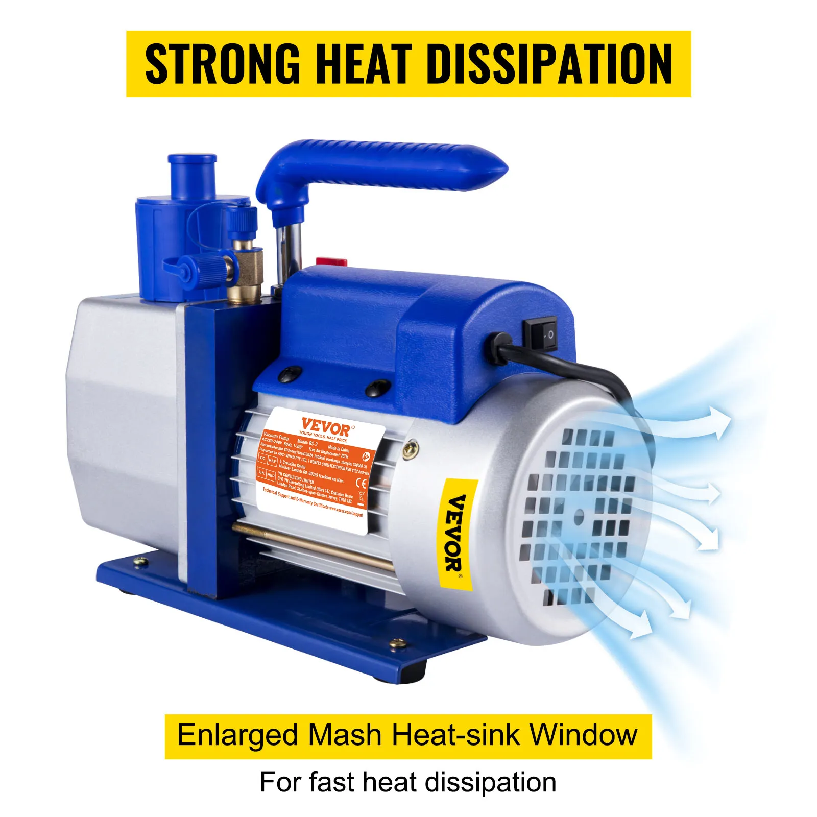VEVOR vacuum pump with enlarged heat-sink window for strong heat dissipation.
