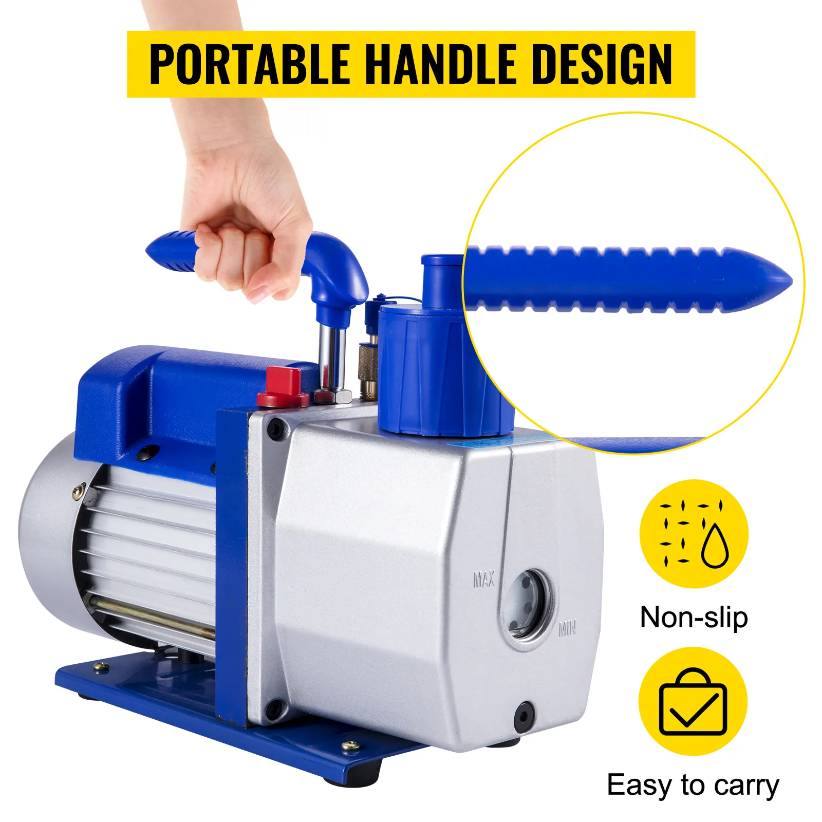 VEVOR vacuum pump with portable handle design, non-slip grip, and easy to carry.