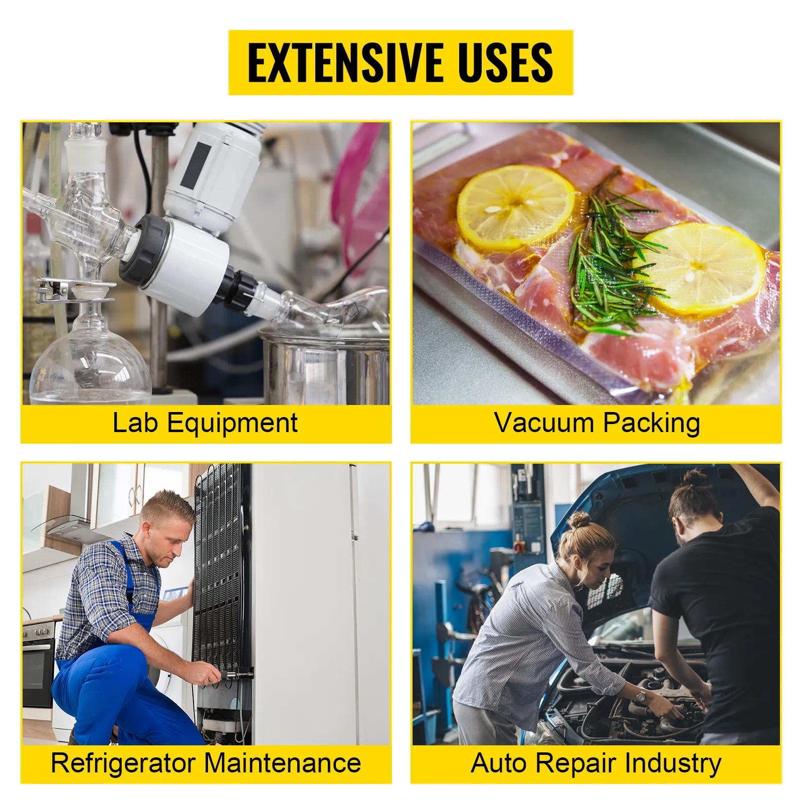 VEVOR vacuum pump uses for lab equipment, vacuum packing, refrigerator maintenance, auto repair.