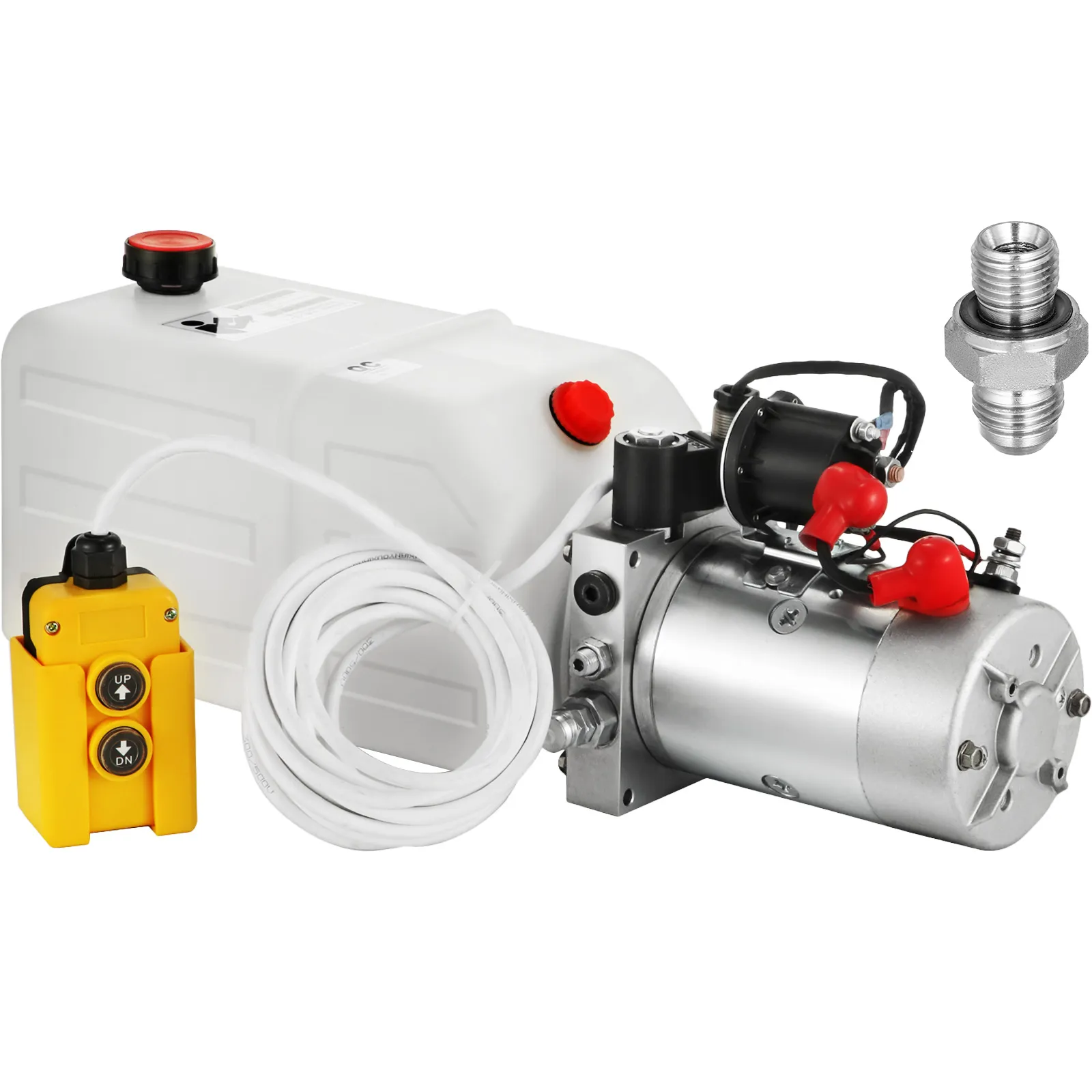 Bomba hidráulica VEVOR con tanque de fluido blanco, motor, interruptor de control amarillo y accesorio de conexión.