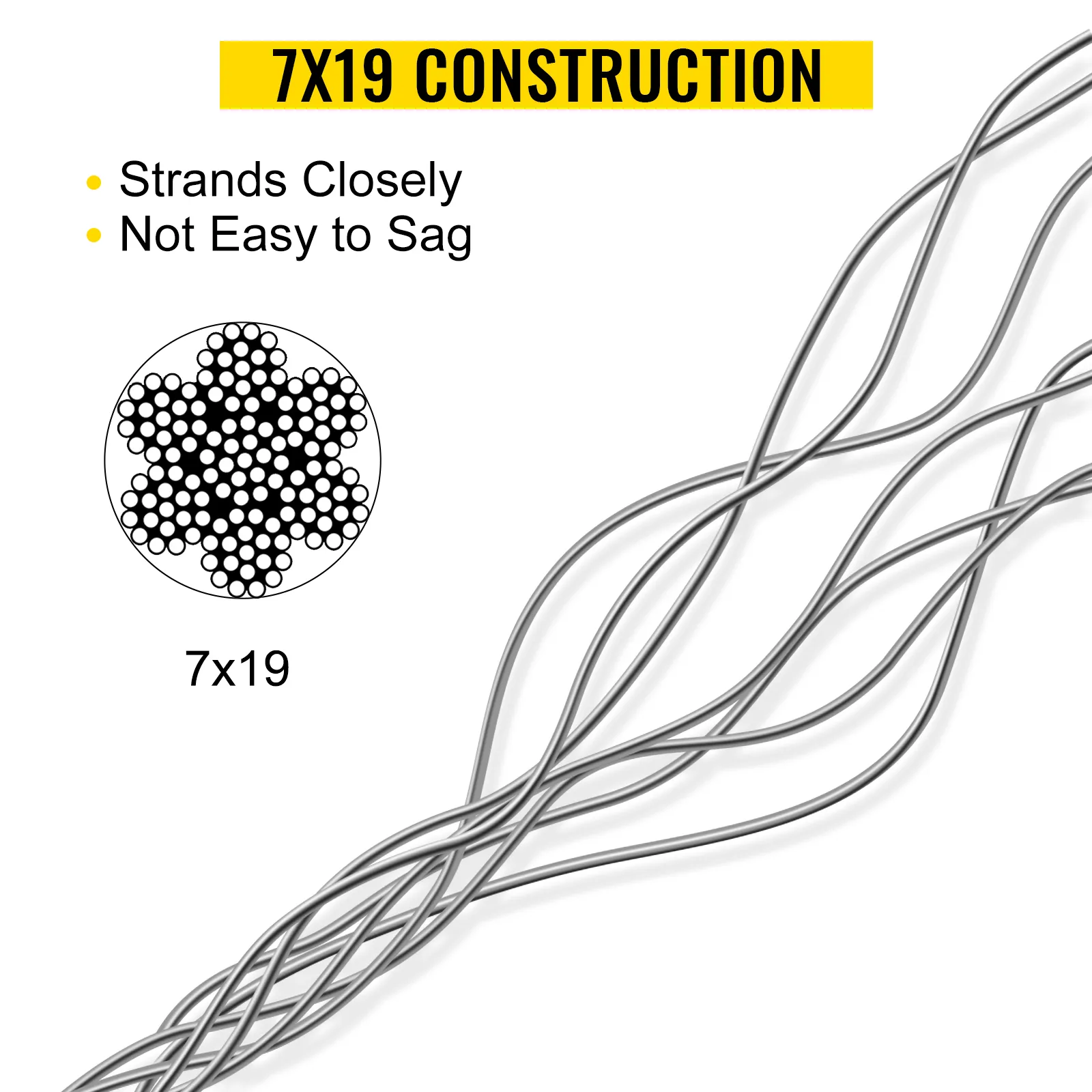 7x19 construction VEVOR stainless steel aircraft cable with closely wound strands.