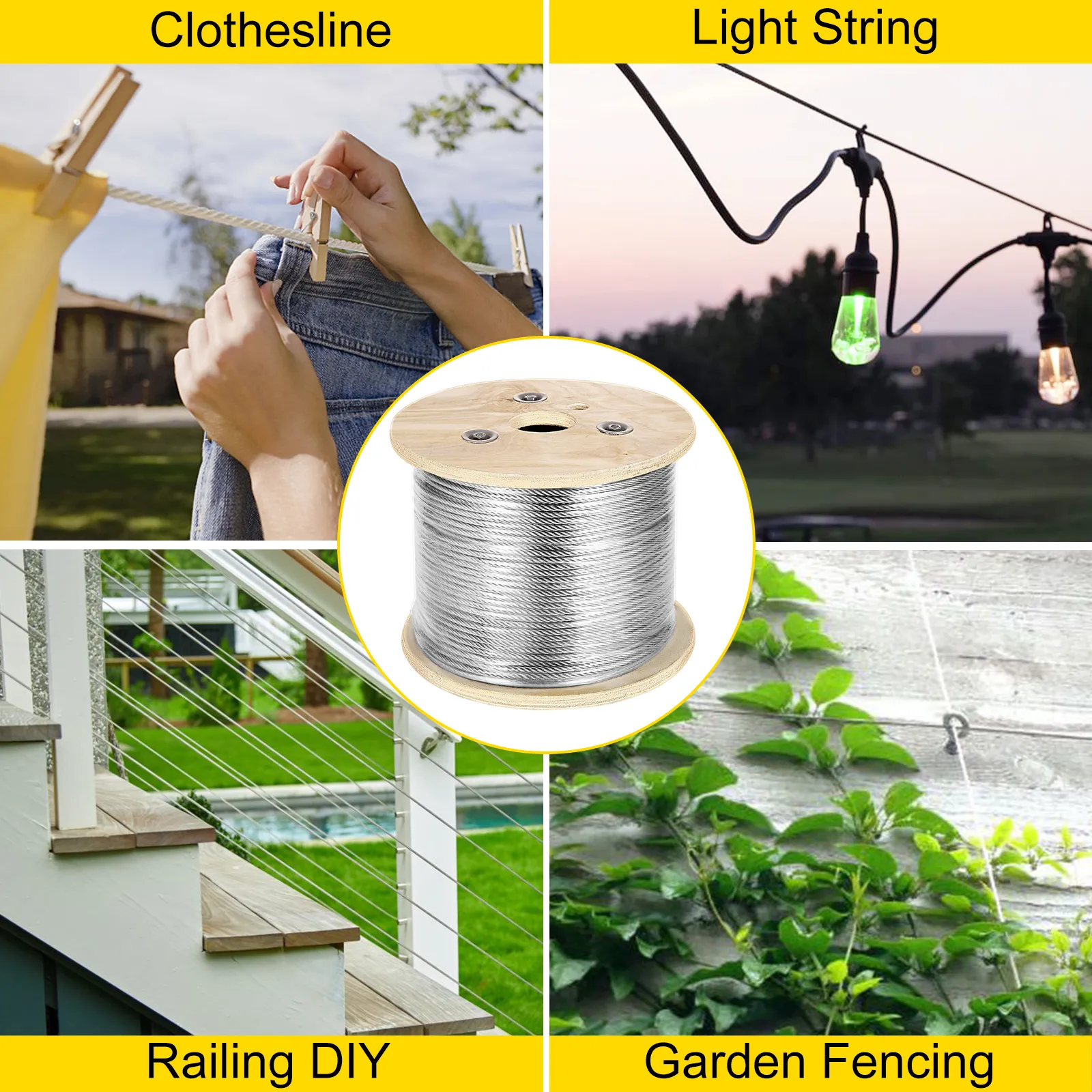VEVOR stainless steel aircraft cable for clotheslines, light strings, railings, and garden fencing.