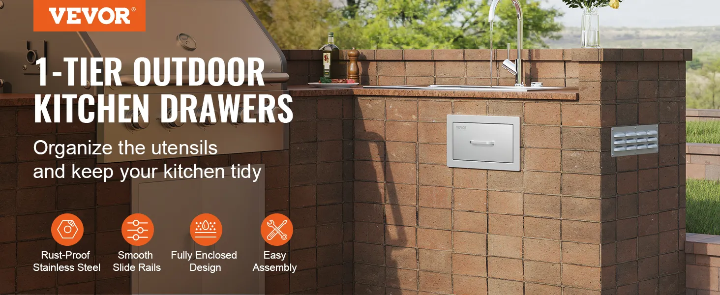 Los cajones de cocina para exteriores VEVOR ofrecen acero inoxidable a prueba de óxido y fácil montaje.