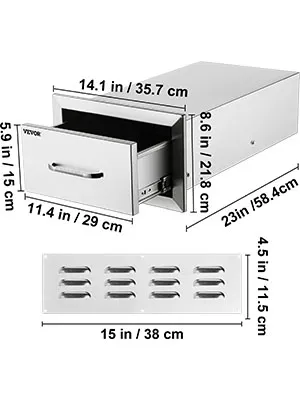 Cajones de cocina exterior VEVOR con dimensiones etiquetadas para su instalación.