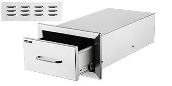 Se muestran cajones de cocina para exteriores VEVOR de acero inoxidable con panel de ventilación.