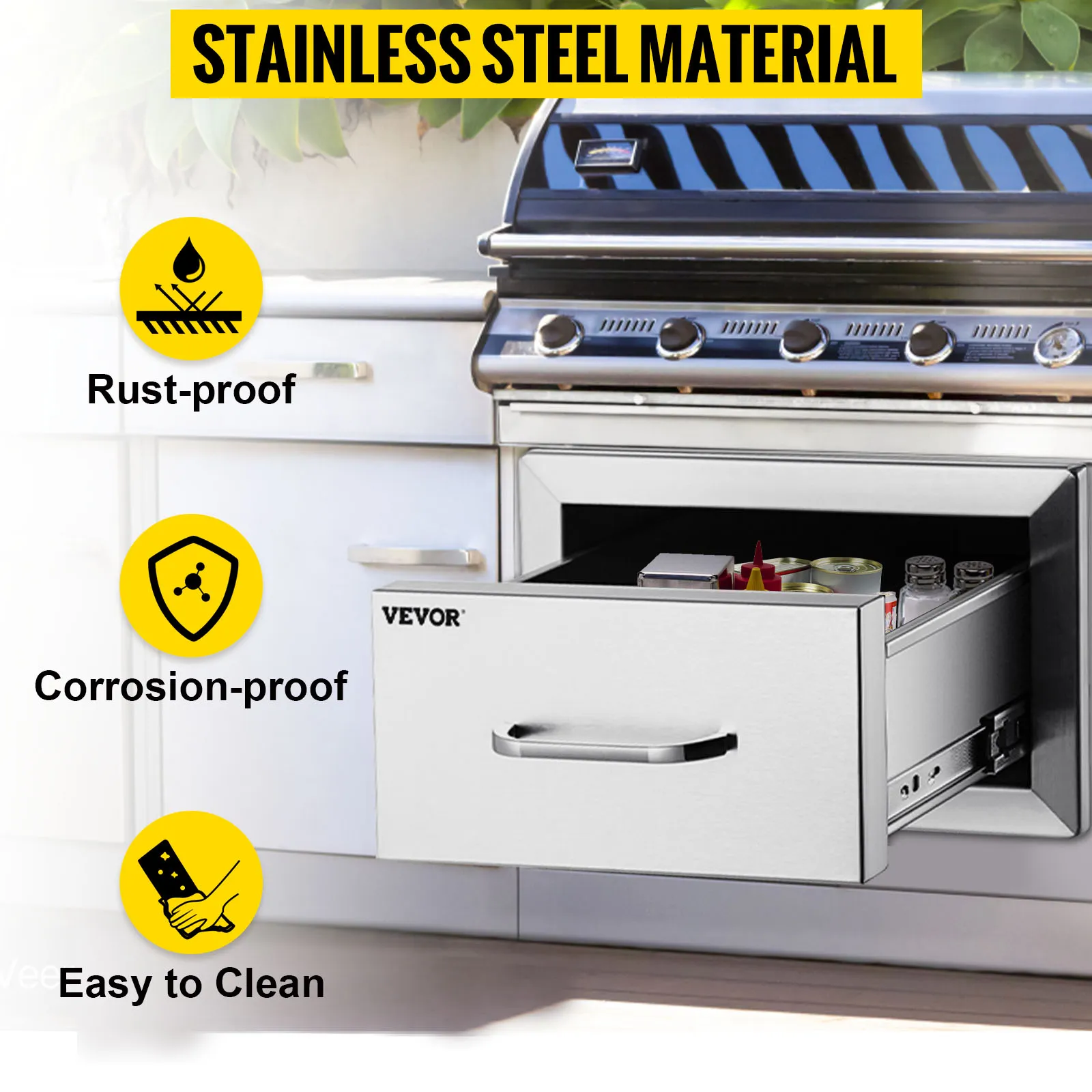 Cajones de cocina para exterior VEVOR: acero inoxidable, a prueba de óxido, a prueba de corrosión, fácil de limpiar.
