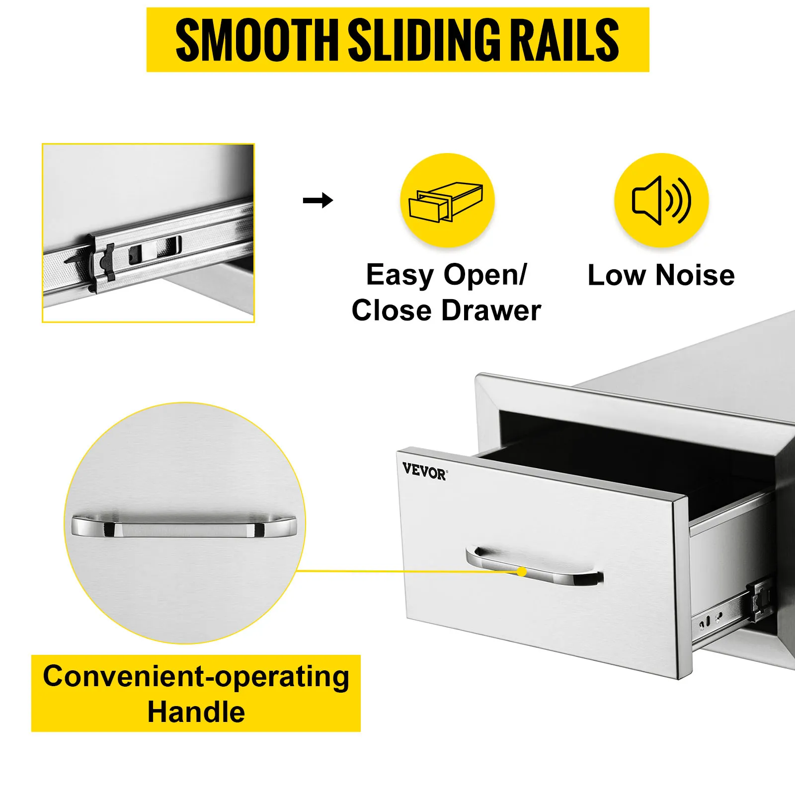 Cajones de cocina para exterior VEVOR con rieles de deslizamiento suaves, fácil apertura/cierre y bajo nivel de ruido.