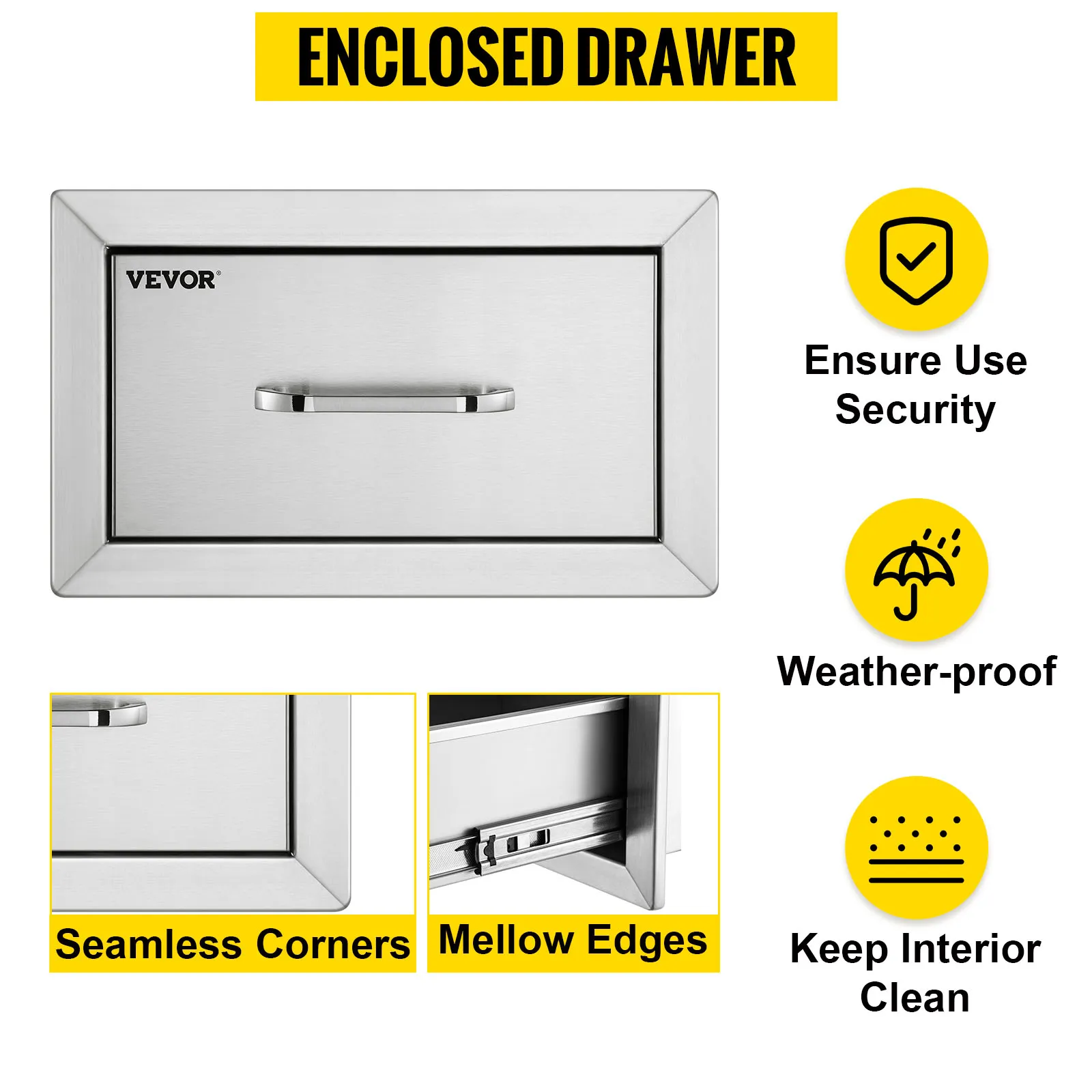 Cajones de cocina para exterior VEVOR con esquinas sin costuras y bordes suaves para uso resistente a la intemperie.