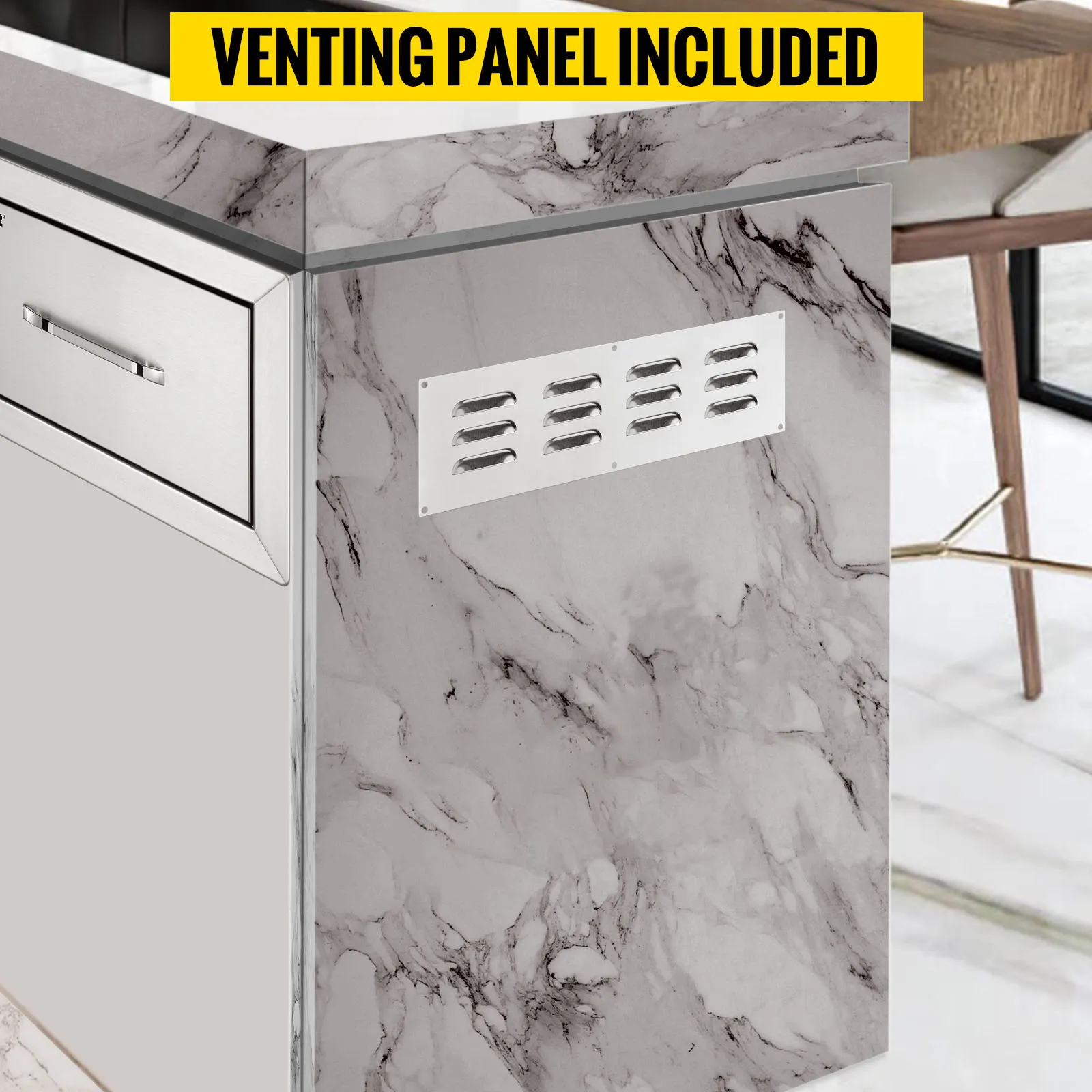 Cajones de cocina exterior VEVOR con panel de ventilación sobre encimera de mármol.