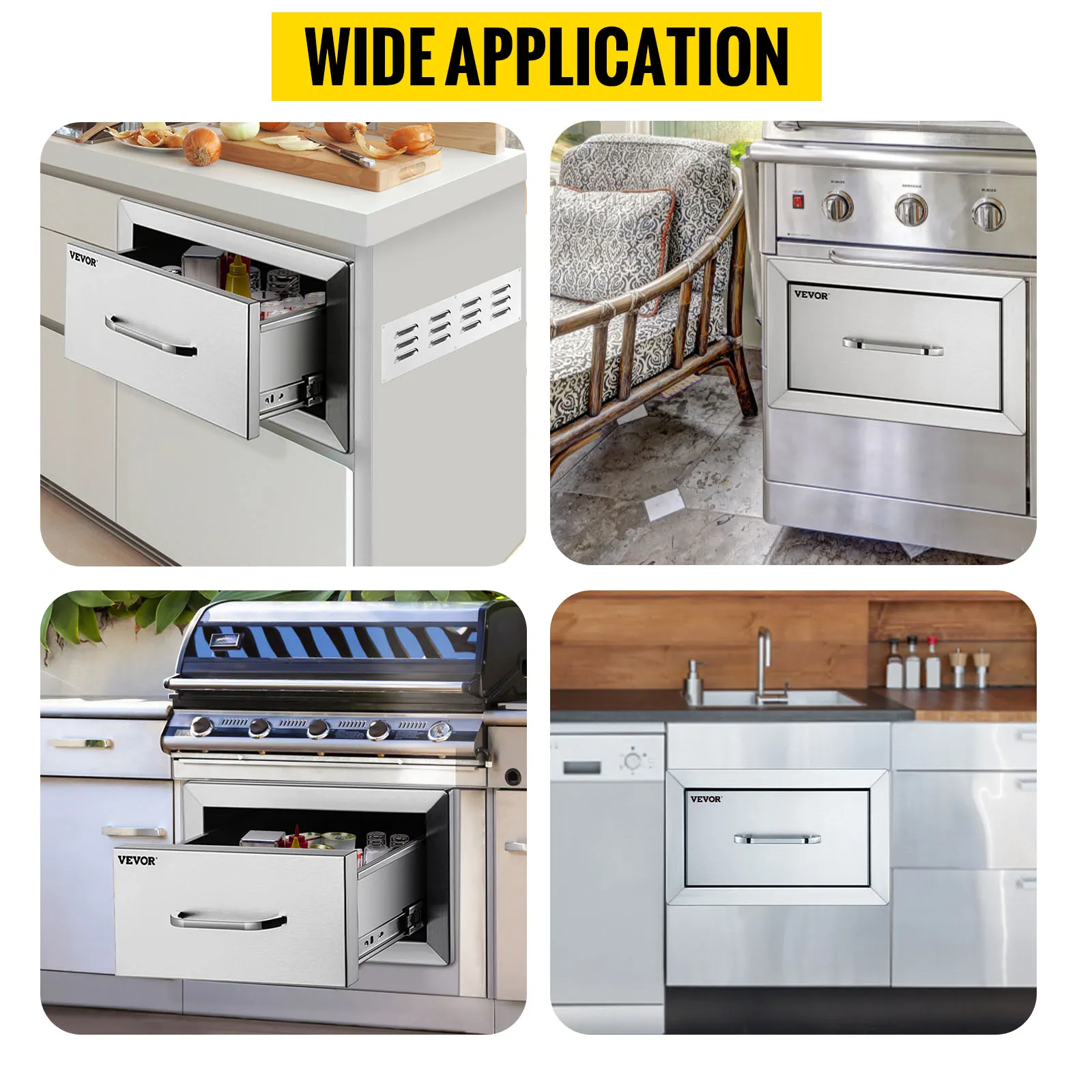 Cajones de cocina para exteriores VEVOR en varias configuraciones de cocina elegantes. Amplia aplicación.