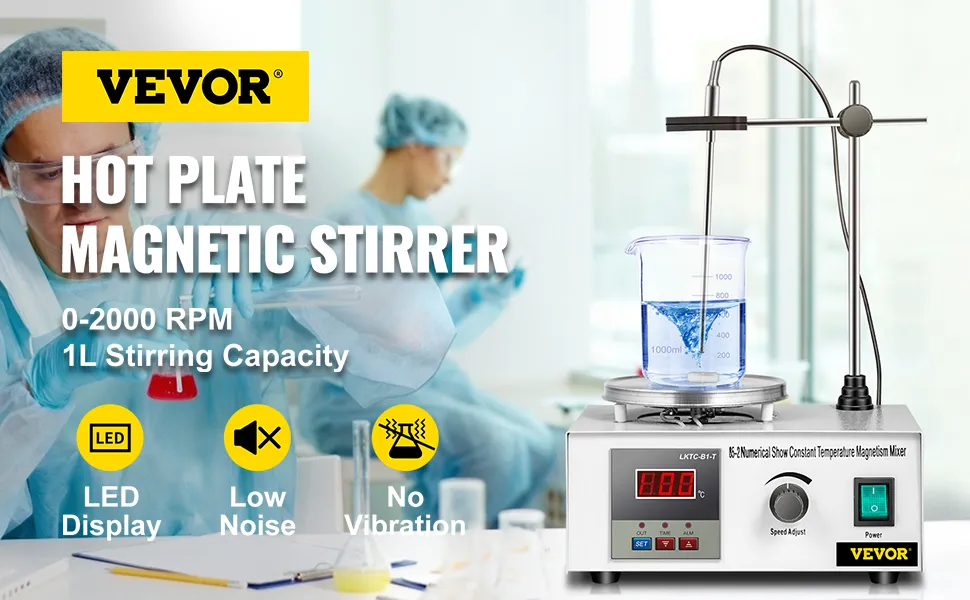 Agitador magnético VEVOR con pantalla led, bajo nivel de ruido, sin vibraciones y capacidad de 1l.