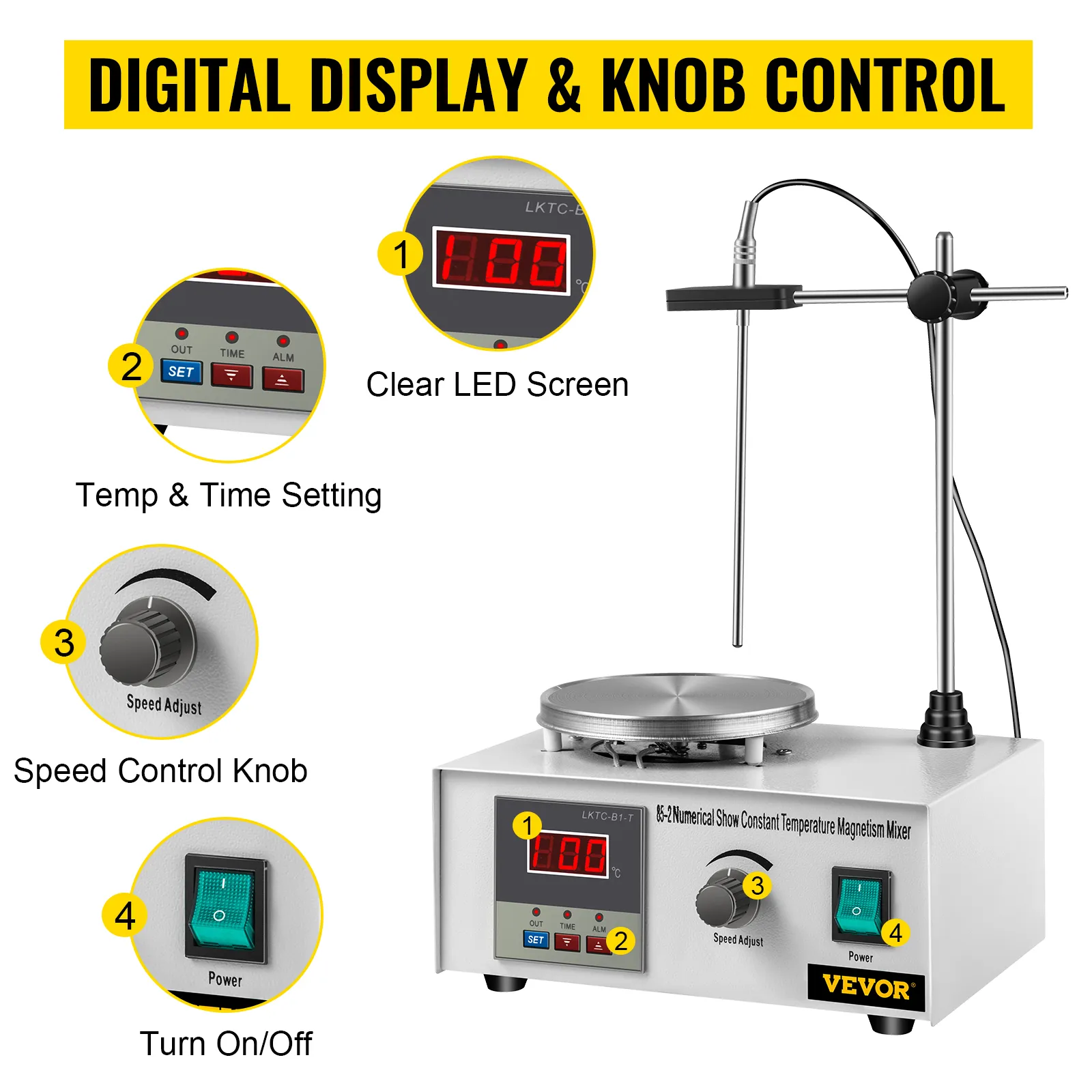 Agitador magnético VEVOR con pantalla digital, pantalla led y perilla de control de velocidad.