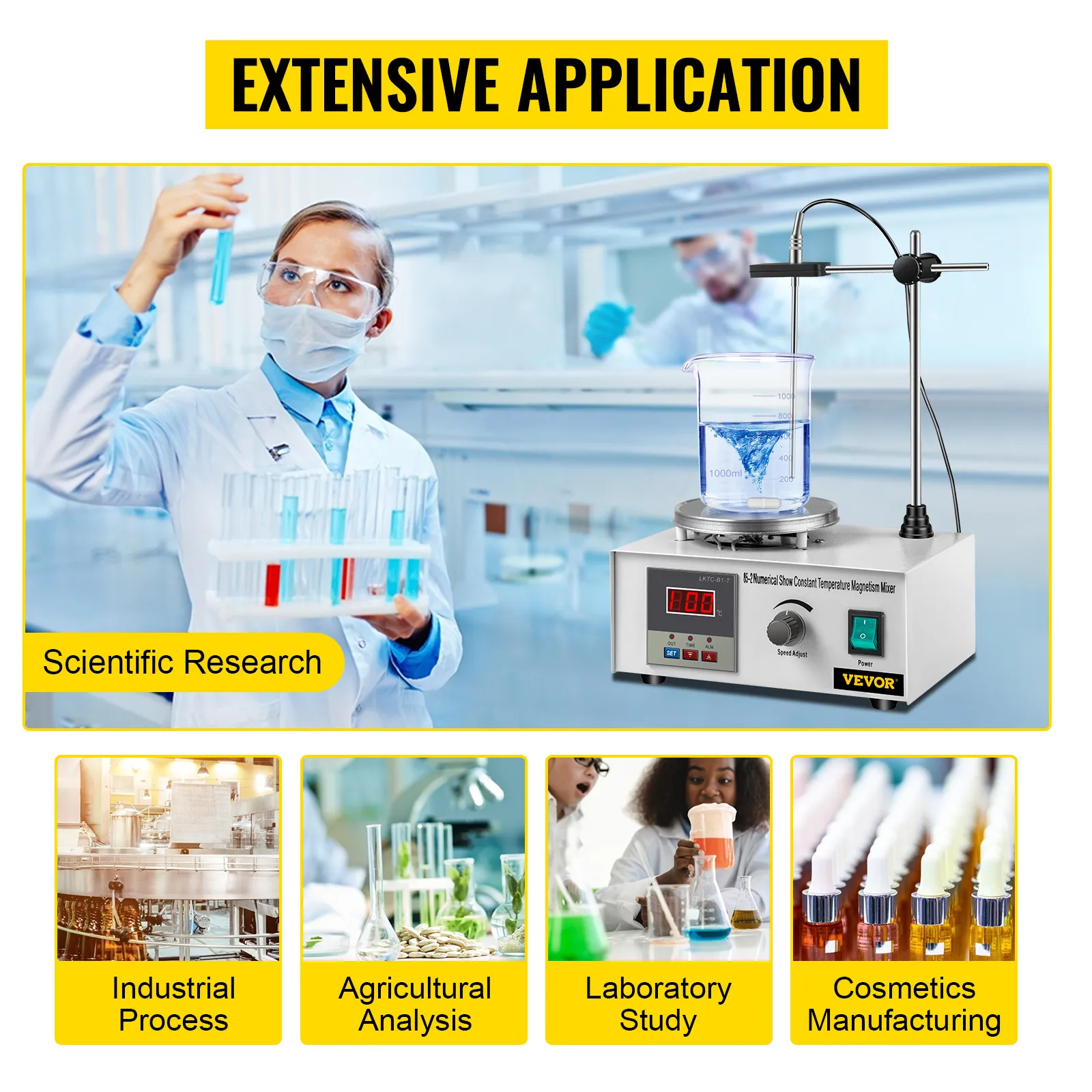 Agitador magnético VEVOR en investigación científica y diversas aplicaciones industriales.