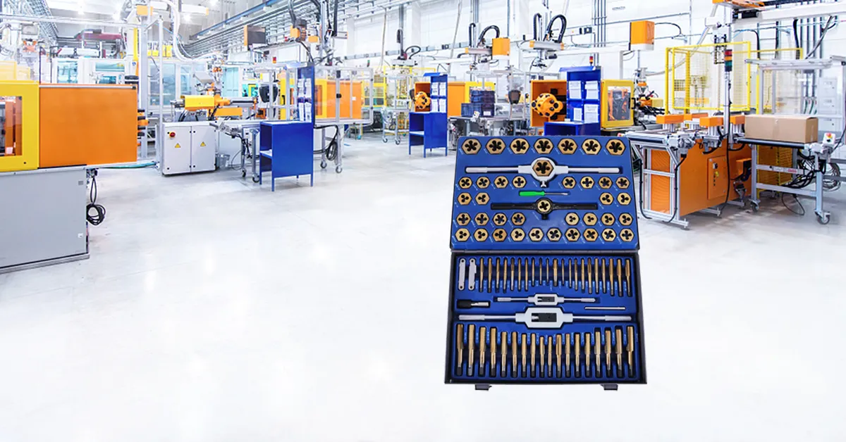 VEVOR tap and die set displayed in a modern manufacturing facility.