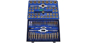 VEVOR tap and die set in blue case with various taps and dies neatly arranged.