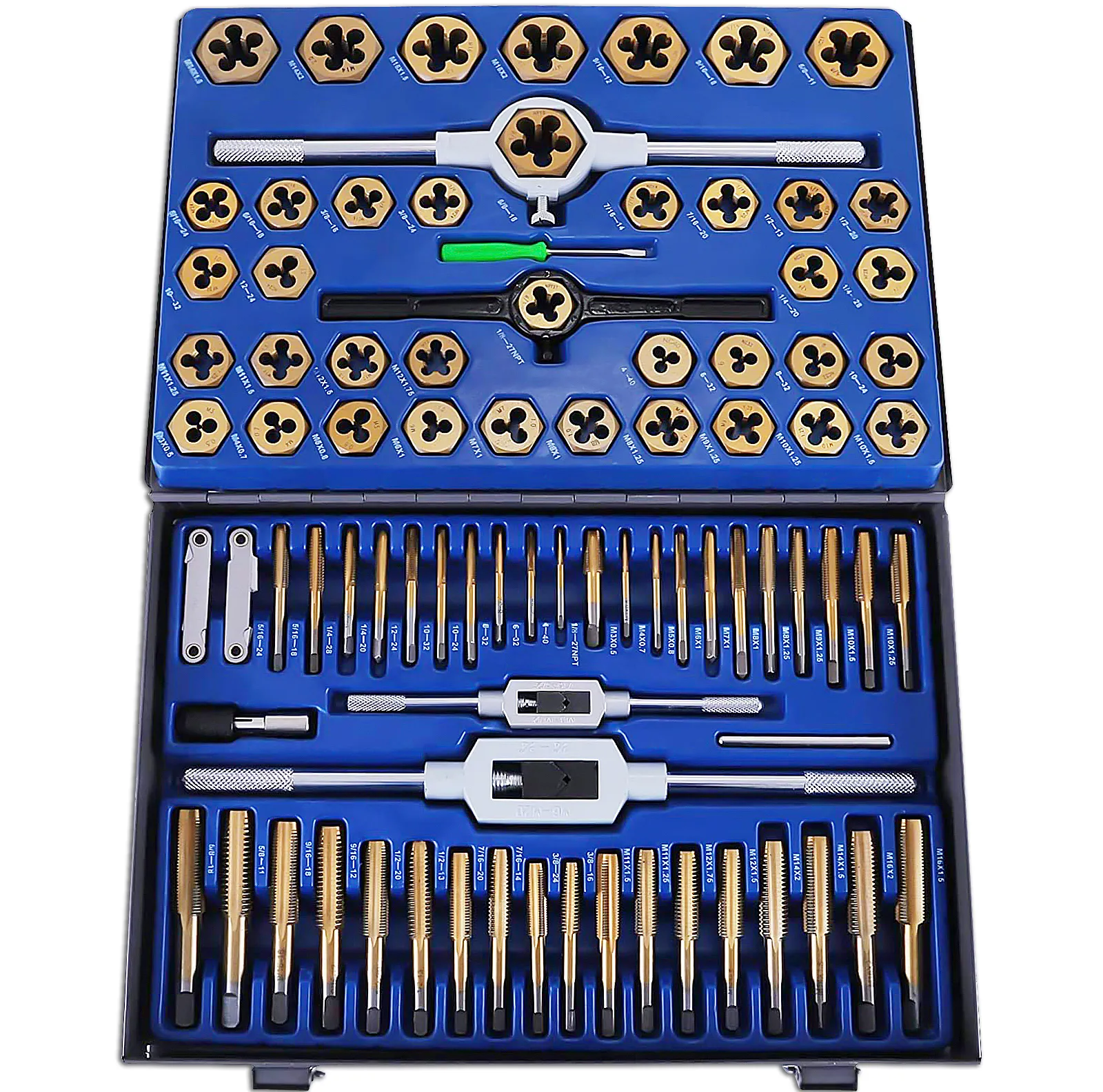 VEVOR tap and die set organized in a blue case with various tools and components.