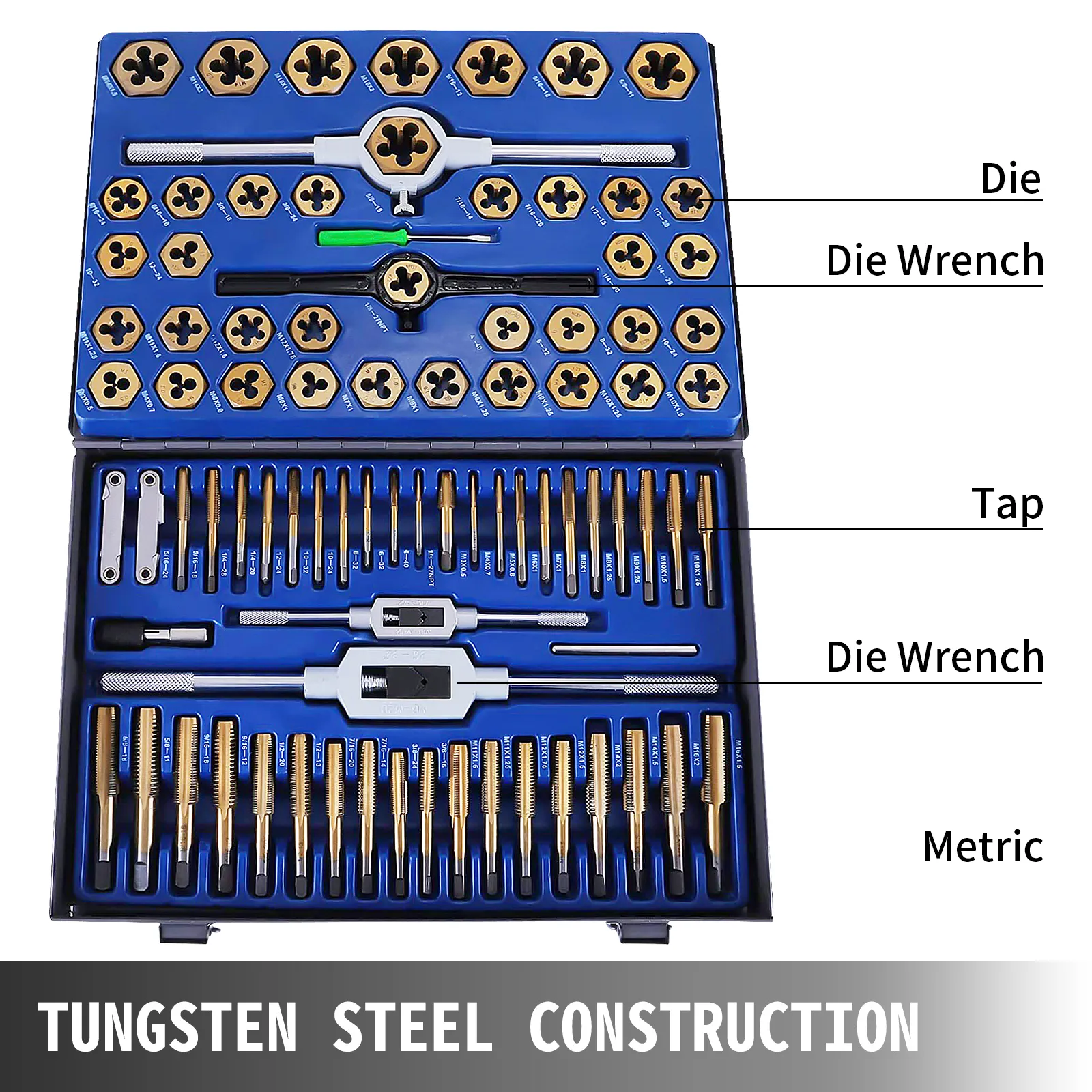 VEVOR tap and die set with tungsten steel construction in a blue case.
