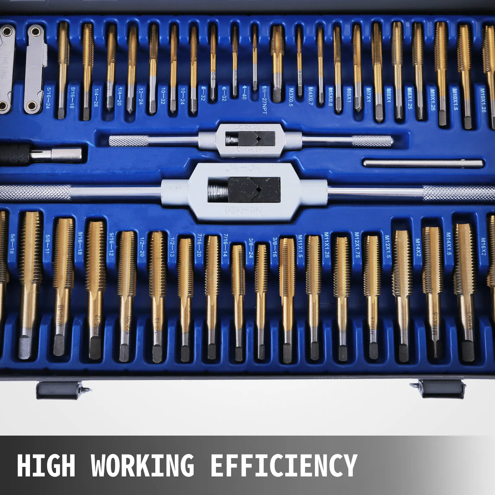 VEVOR tap and die set organized in a blue case with various tool sizes.