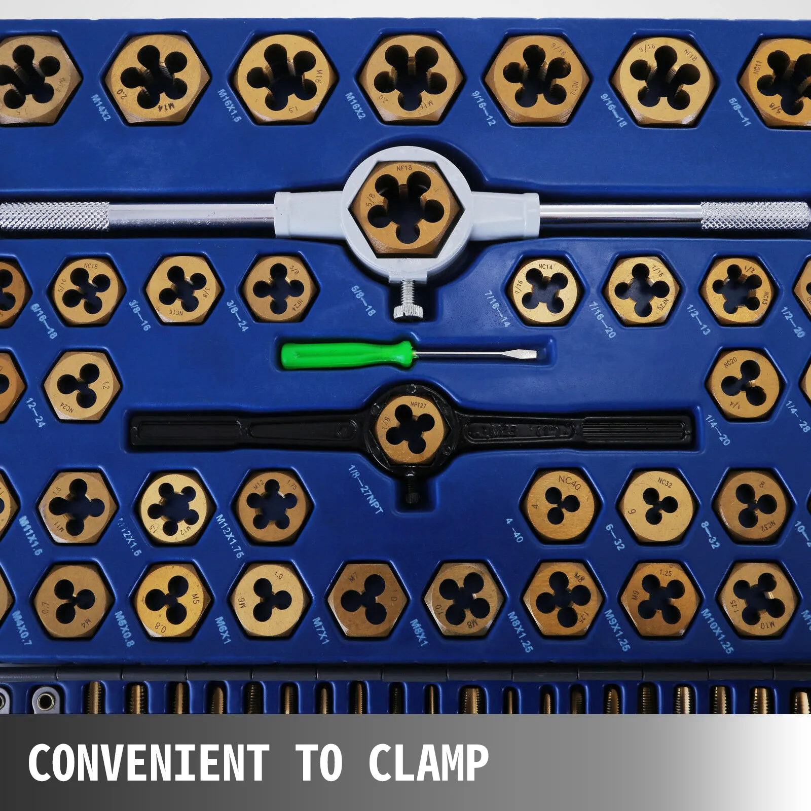 VEVOR tap and die set in blue case with various sizes and green-handled tool.