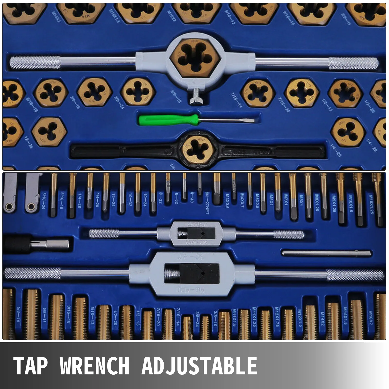 VEVOR tap and die set in a blue case with wrenches and various dies.