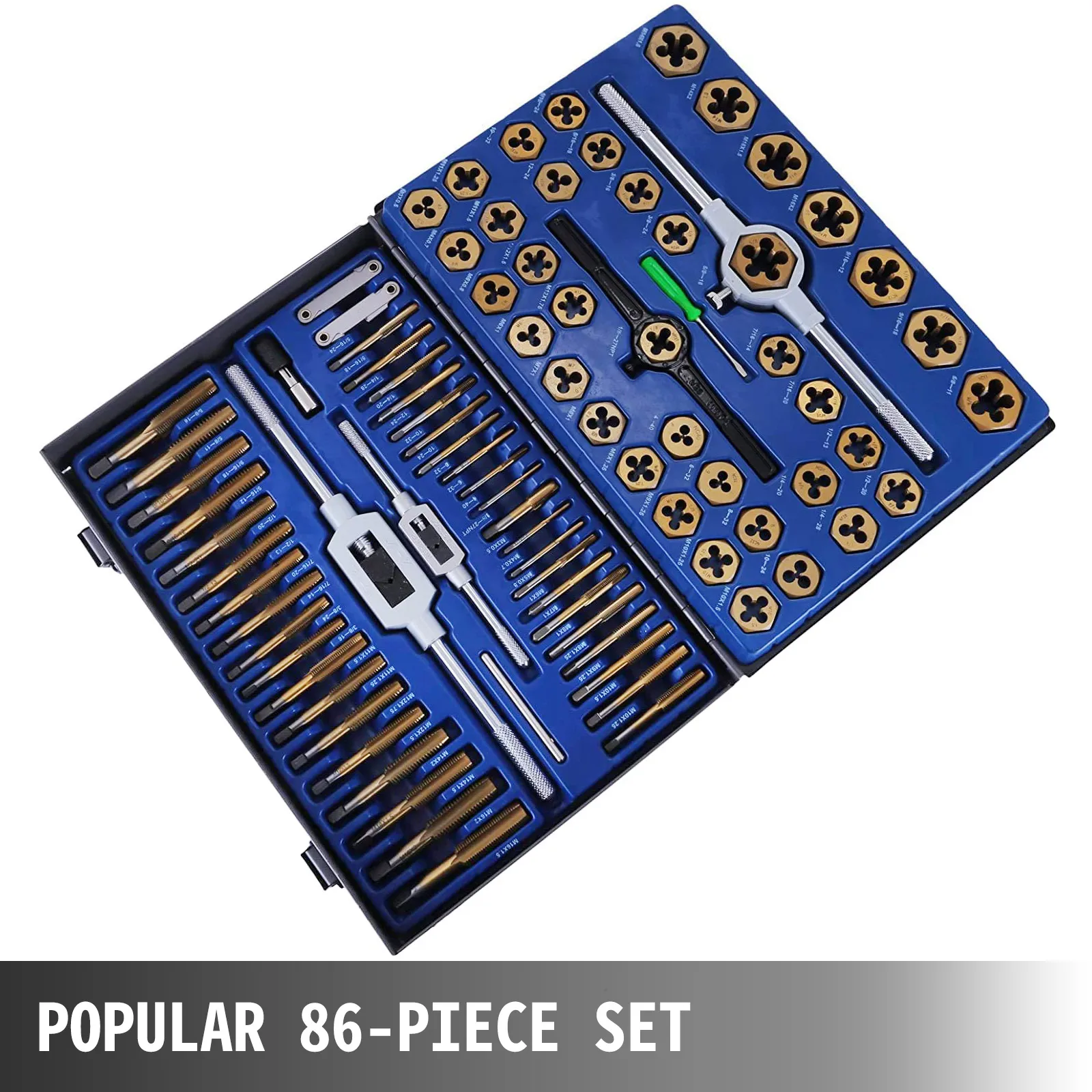 VEVOR tap and die set 86-piece in a blue case with various tools.