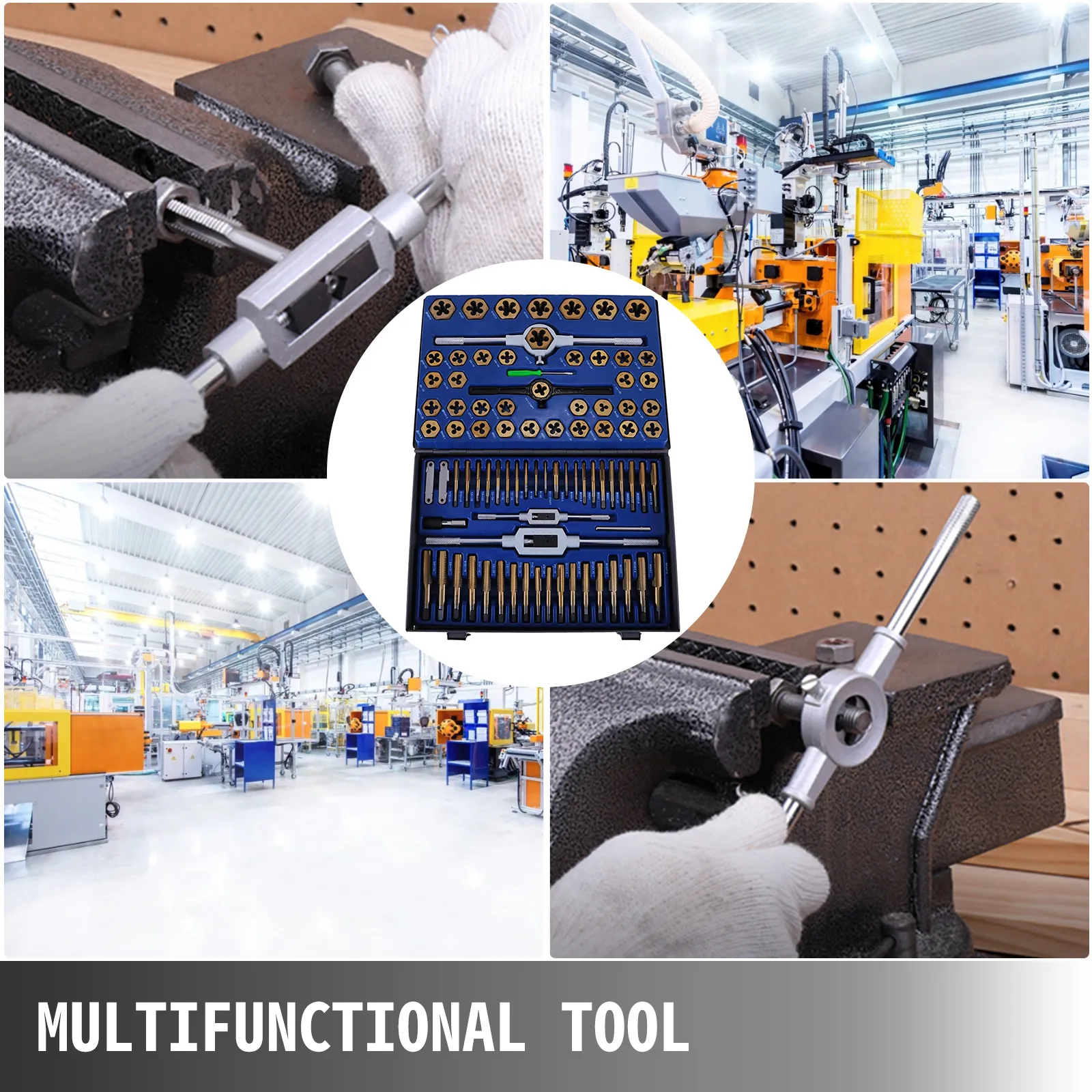 VEVOR tap and die set in use with close-up and industrial workshop views.