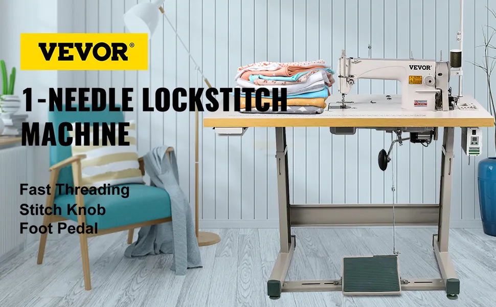 VEVOR industrial sewing machine in a cozy sewing room with fabrics and foot pedal.