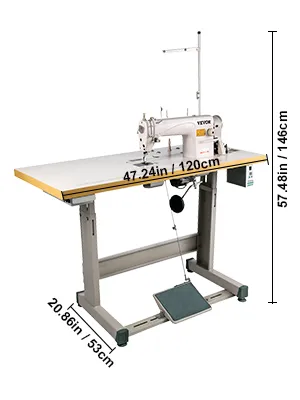 VEVOR industrial sewing machine with dimensions: 47.24in x 57.48in x 20.86in.