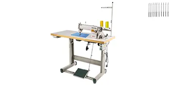 VEVOR industrial sewing machine with needles, thread spools, and foot pedal.