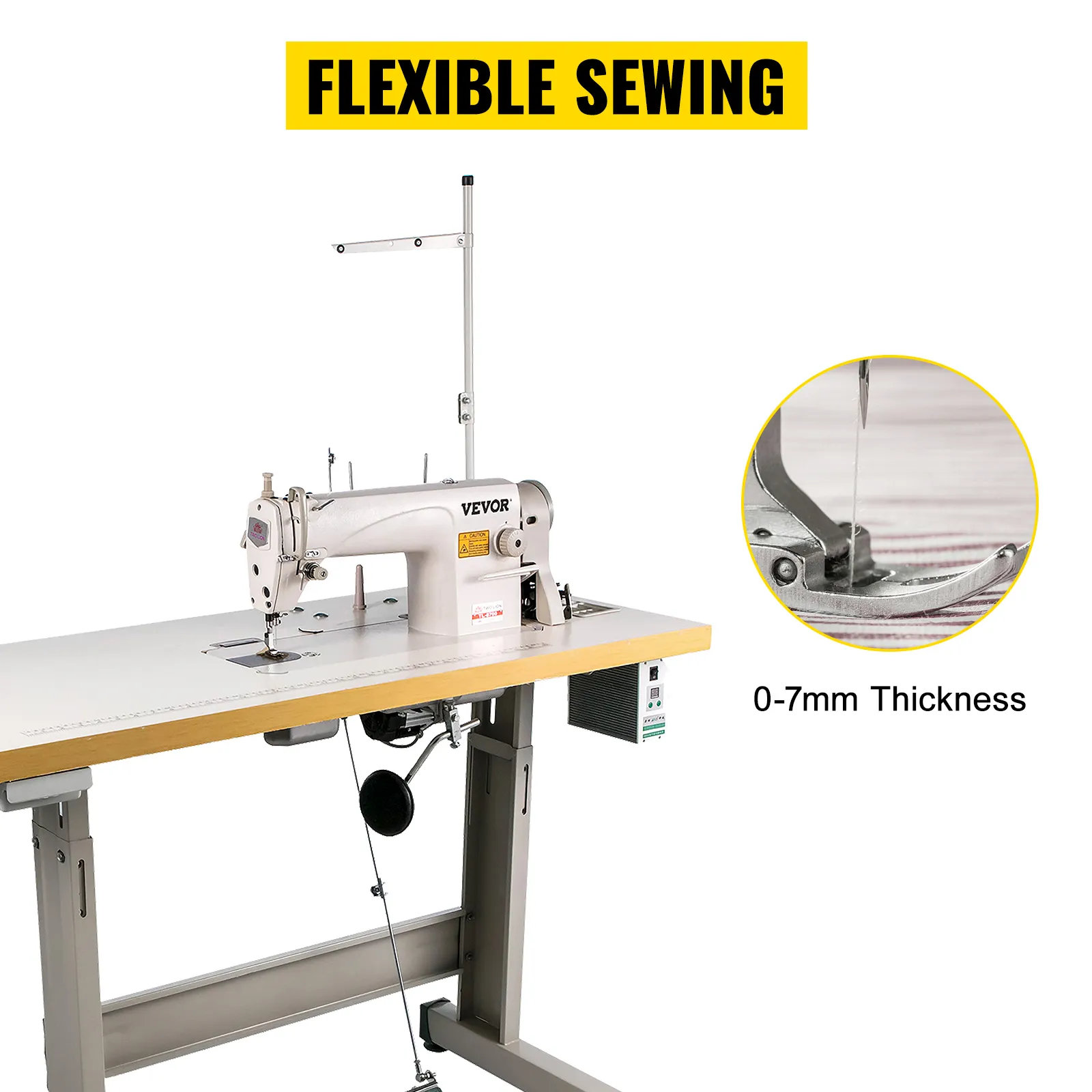VEVOR industrial sewing machine offering flexible sewing for 0-7mm thickness.