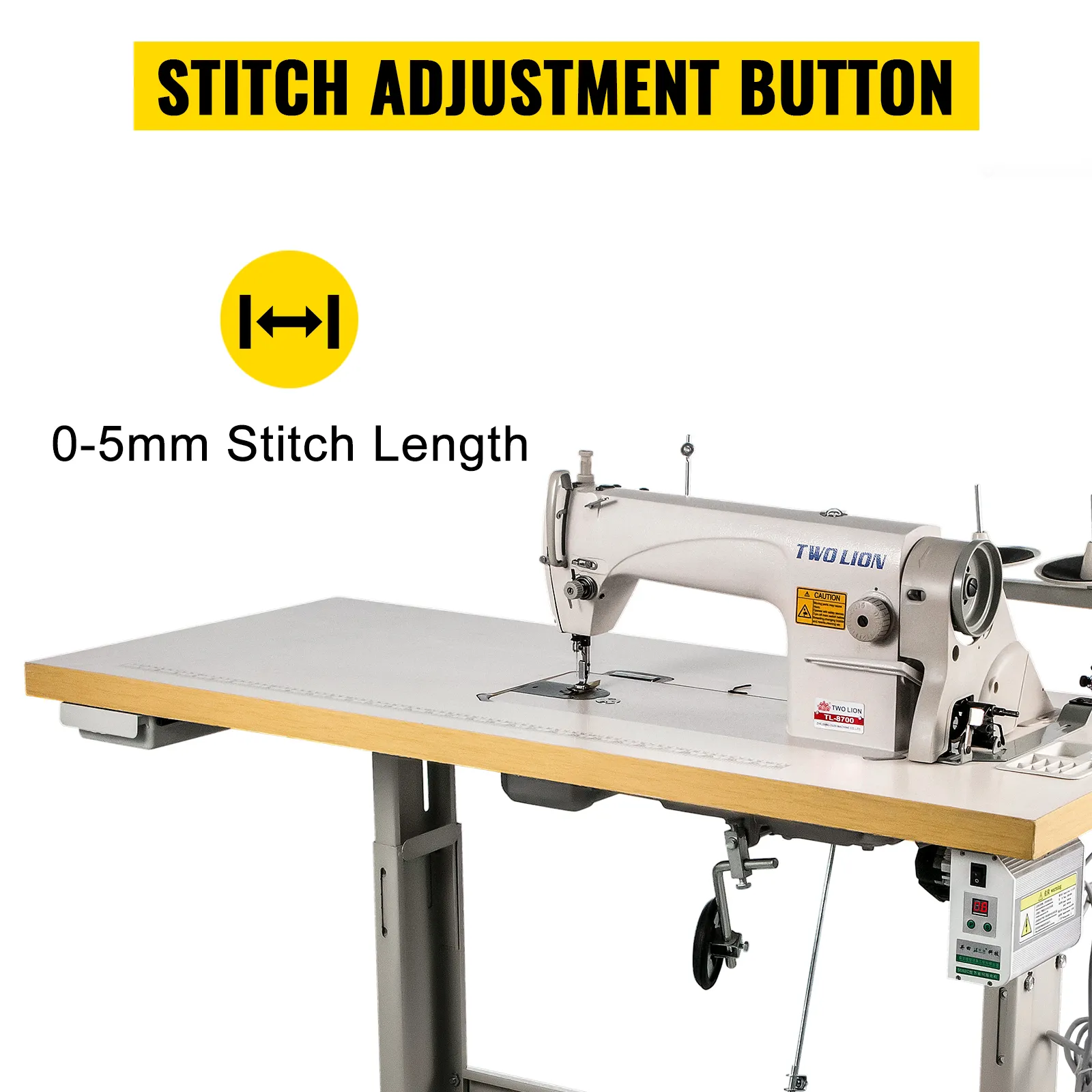 VEVOR industrial sewing machine demonstrating stitch adjustment button and 0-5mm stitch length.
