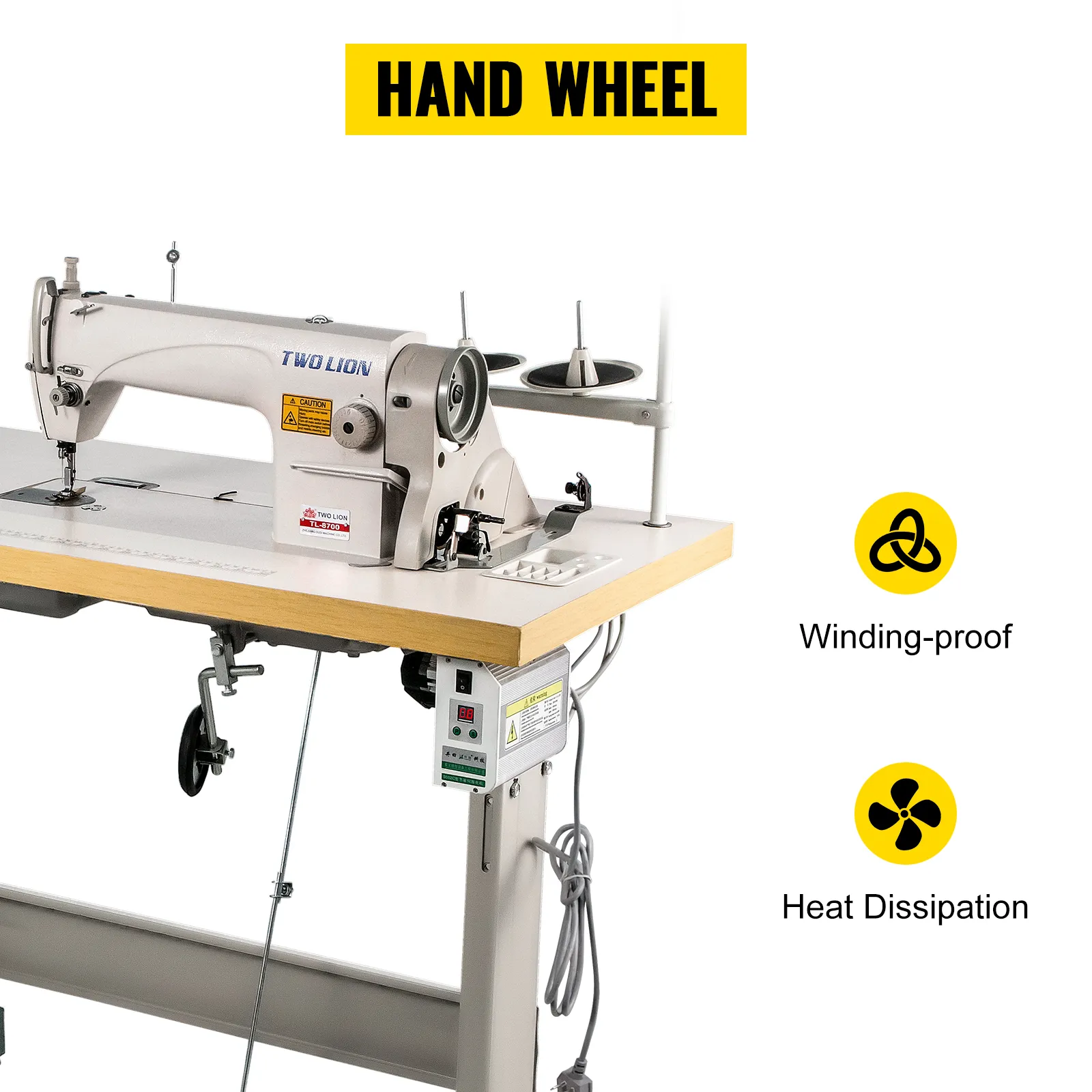 VEVOR industrial sewing machine with hand wheel, showcasing winding-proof and heat dissipation features.