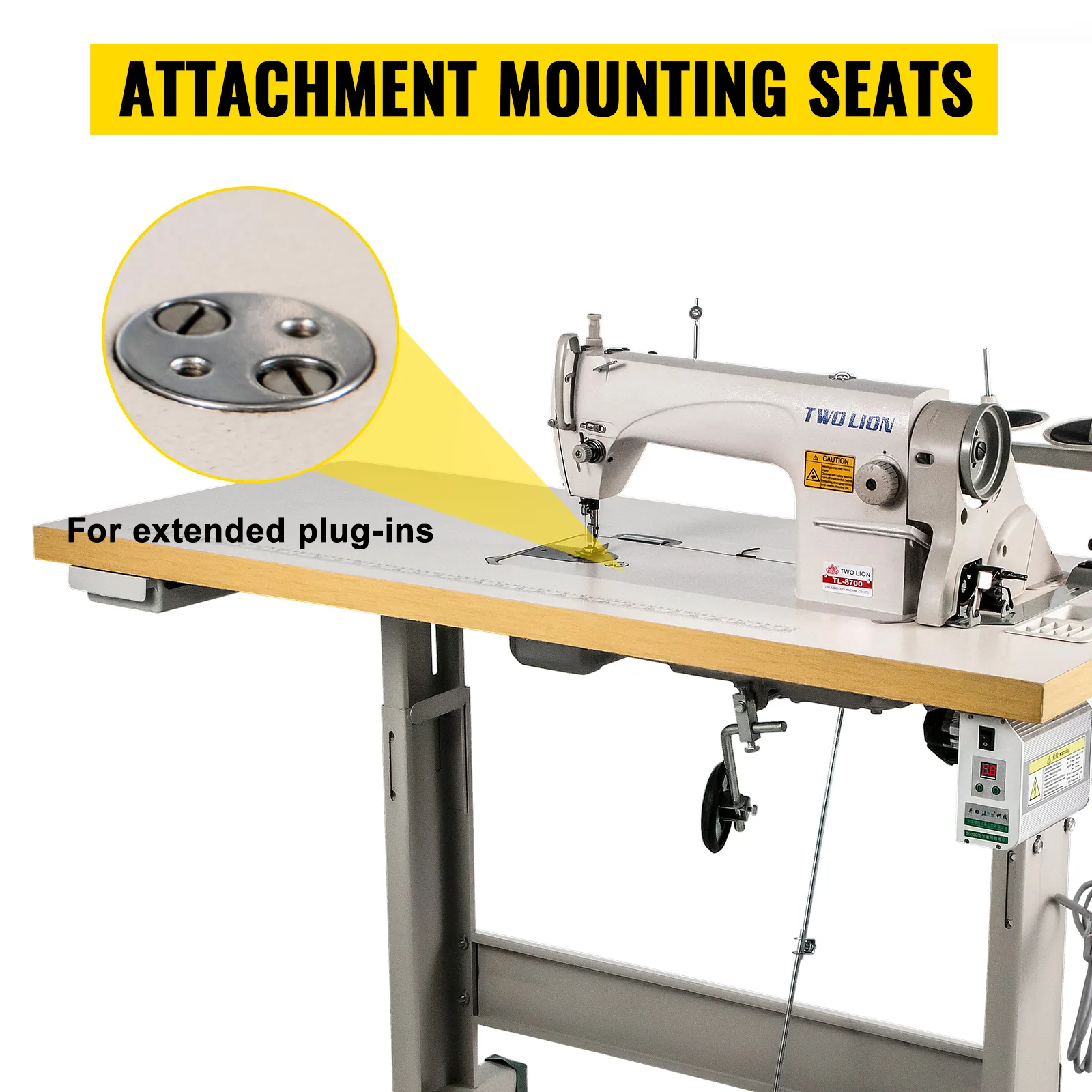 VEVOR industrial sewing machine with attachment mounting seats for extended plug-ins.