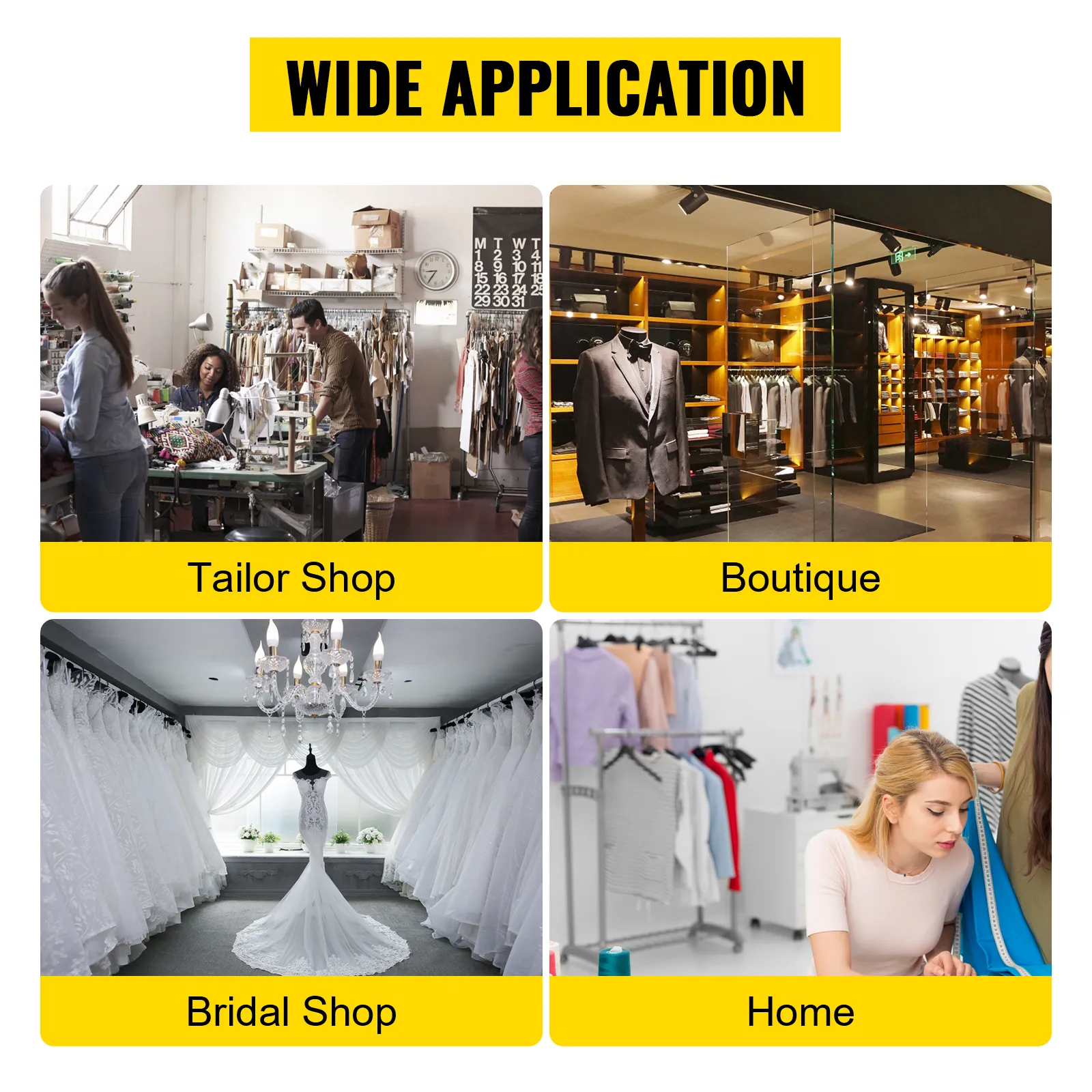 wide application of VEVOR industrial sewing machine: tailor shop, boutique, bridal shop, home.